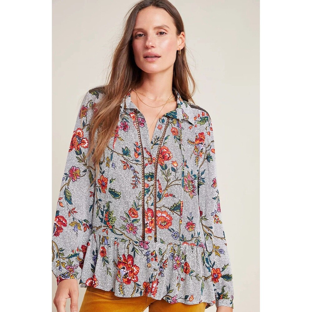 Maeve Anthropologie Janie Flounced Peasant Blouse Button Up Women’s Size 8‎